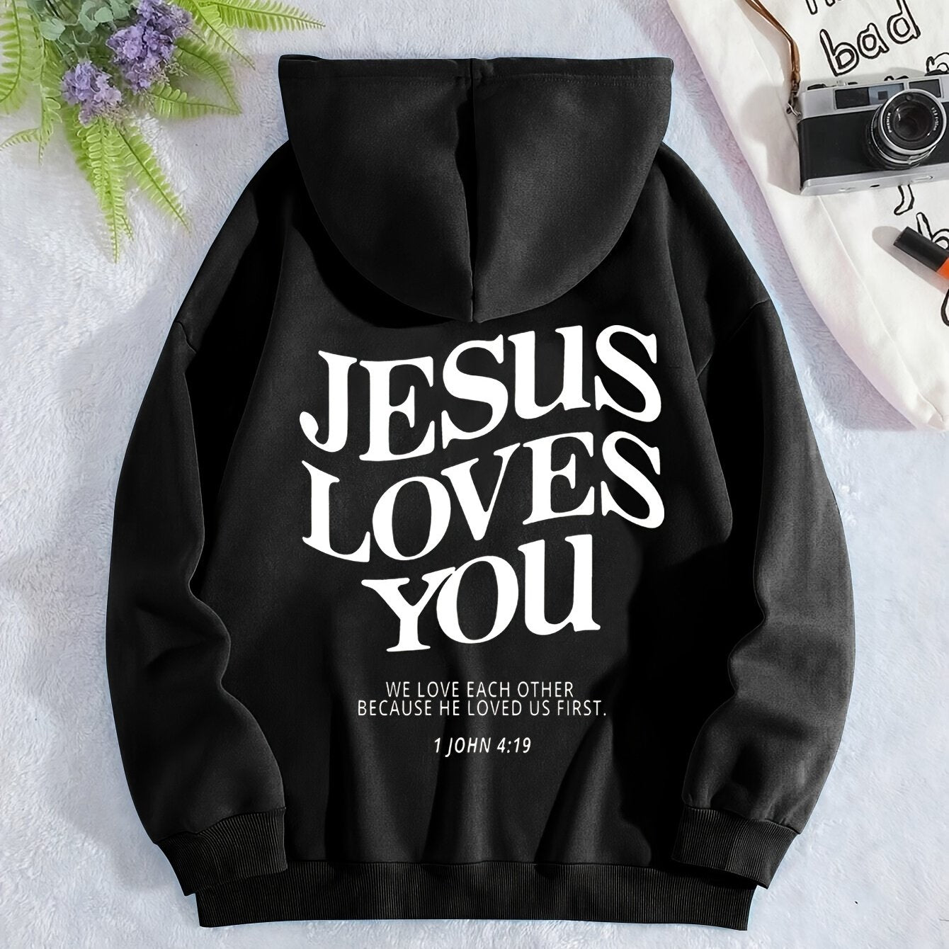 Jesus Loves You Print Hoodie, Drawstring Casual Hooded Sweatshirt
