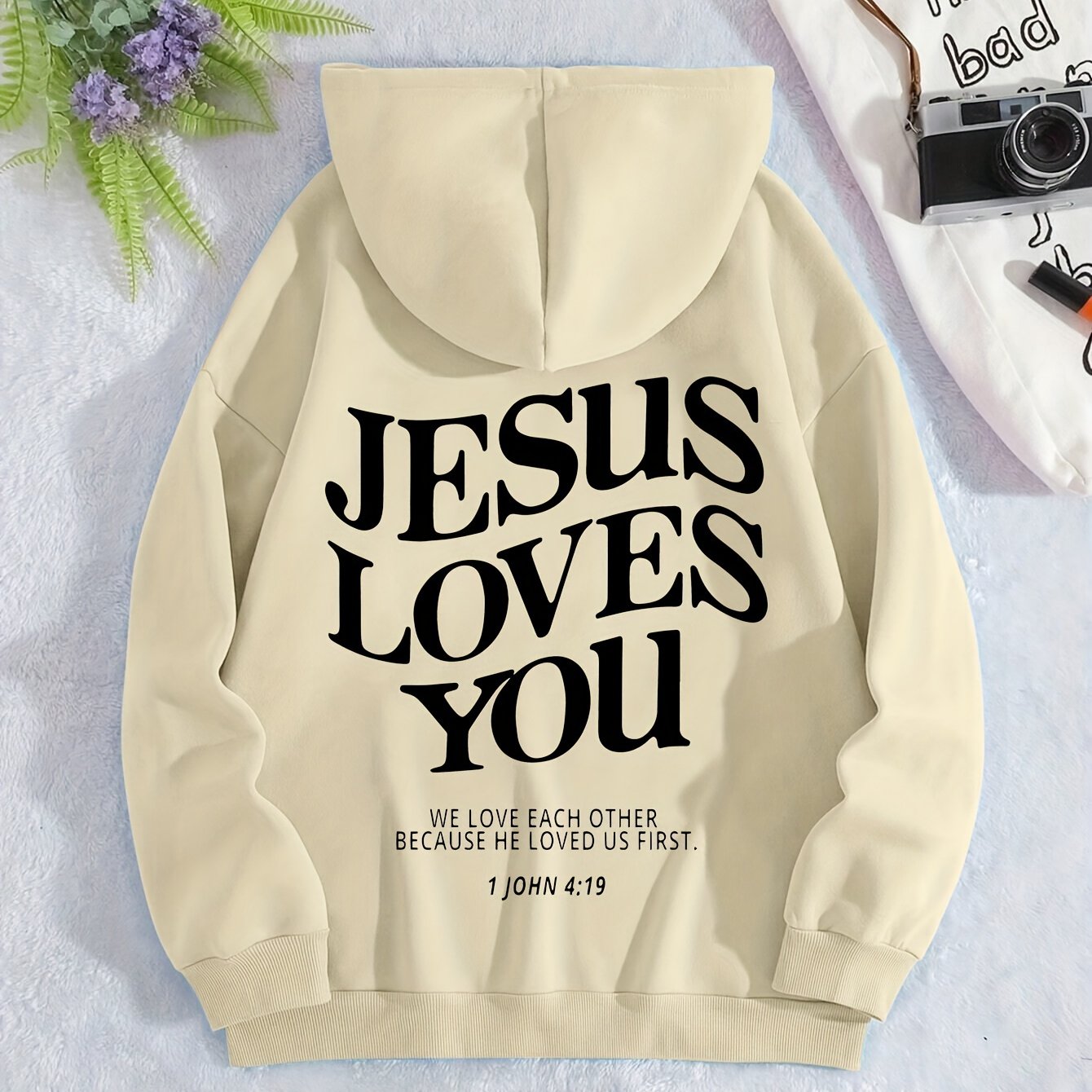 Jesus Loves You Print Hoodie, Drawstring Casual Hooded Sweatshirt