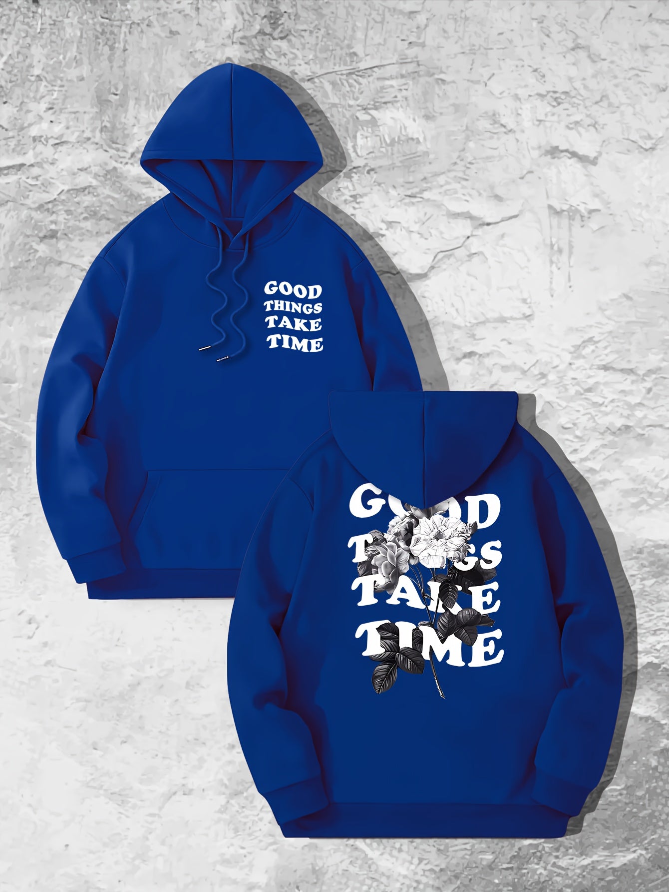 Good Things Take Time Flower Print Men's Pullover Round Neck Long Sleeve HOODED