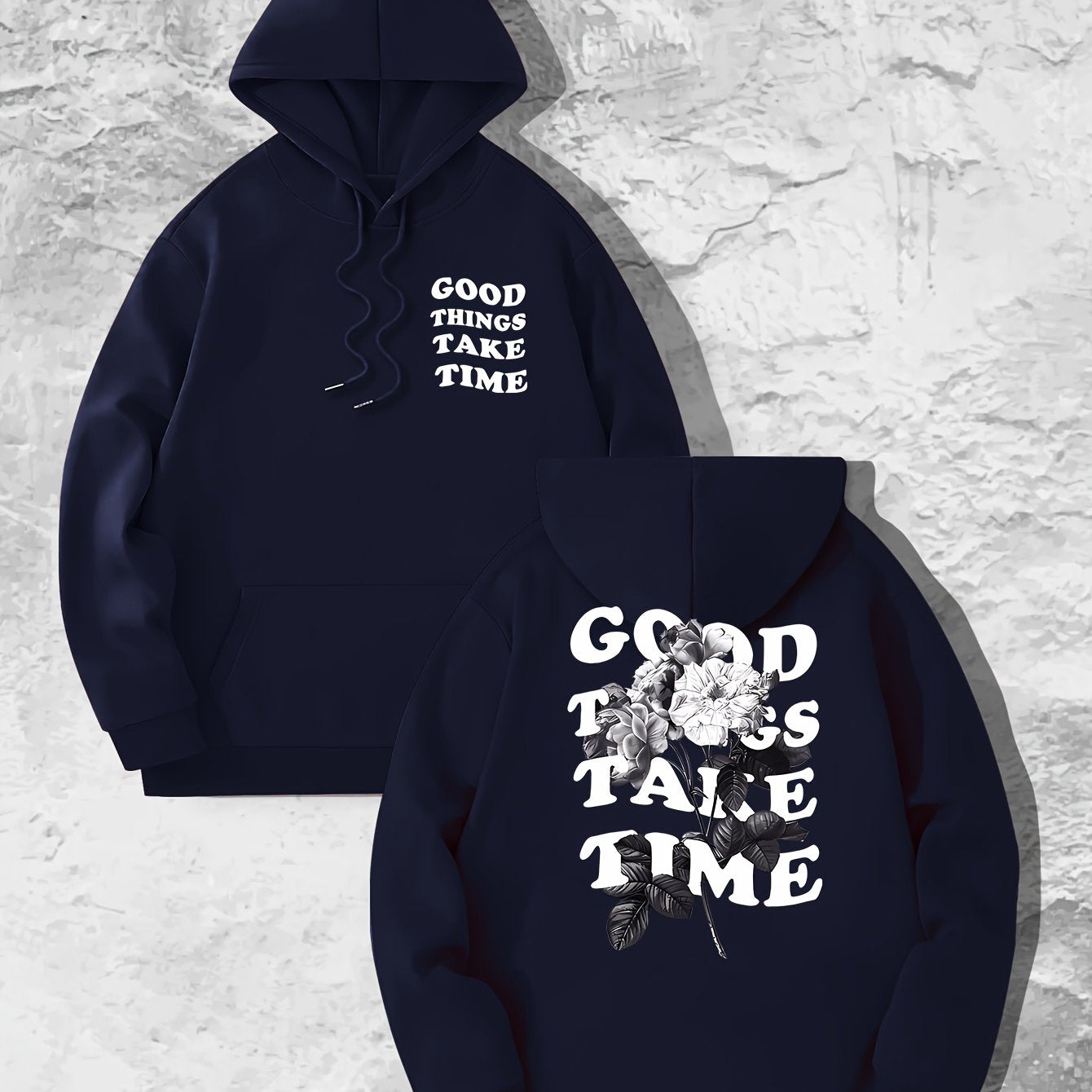 Good Things Take Time Flower Print Men's Pullover Round Neck Long Sleeve HOODED