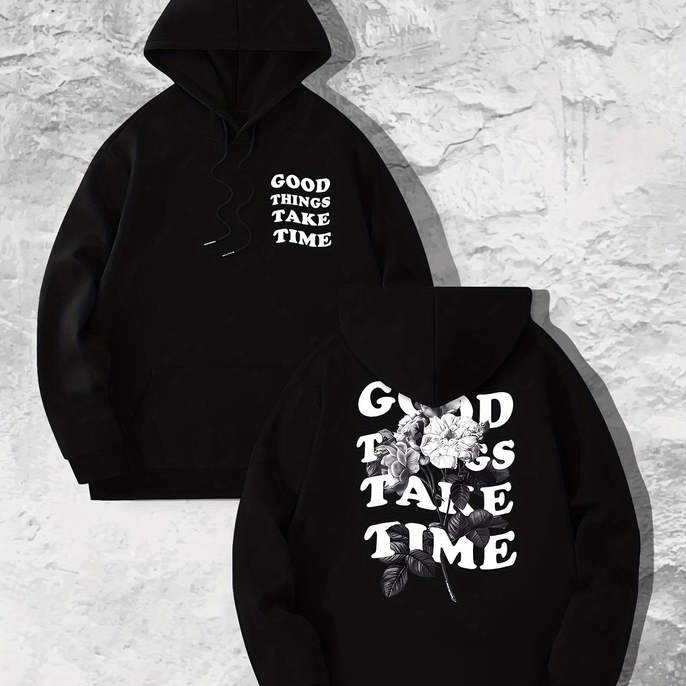 Good Things Take Time Flower Print Men's Pullover Round Neck Long Sleeve HOODED