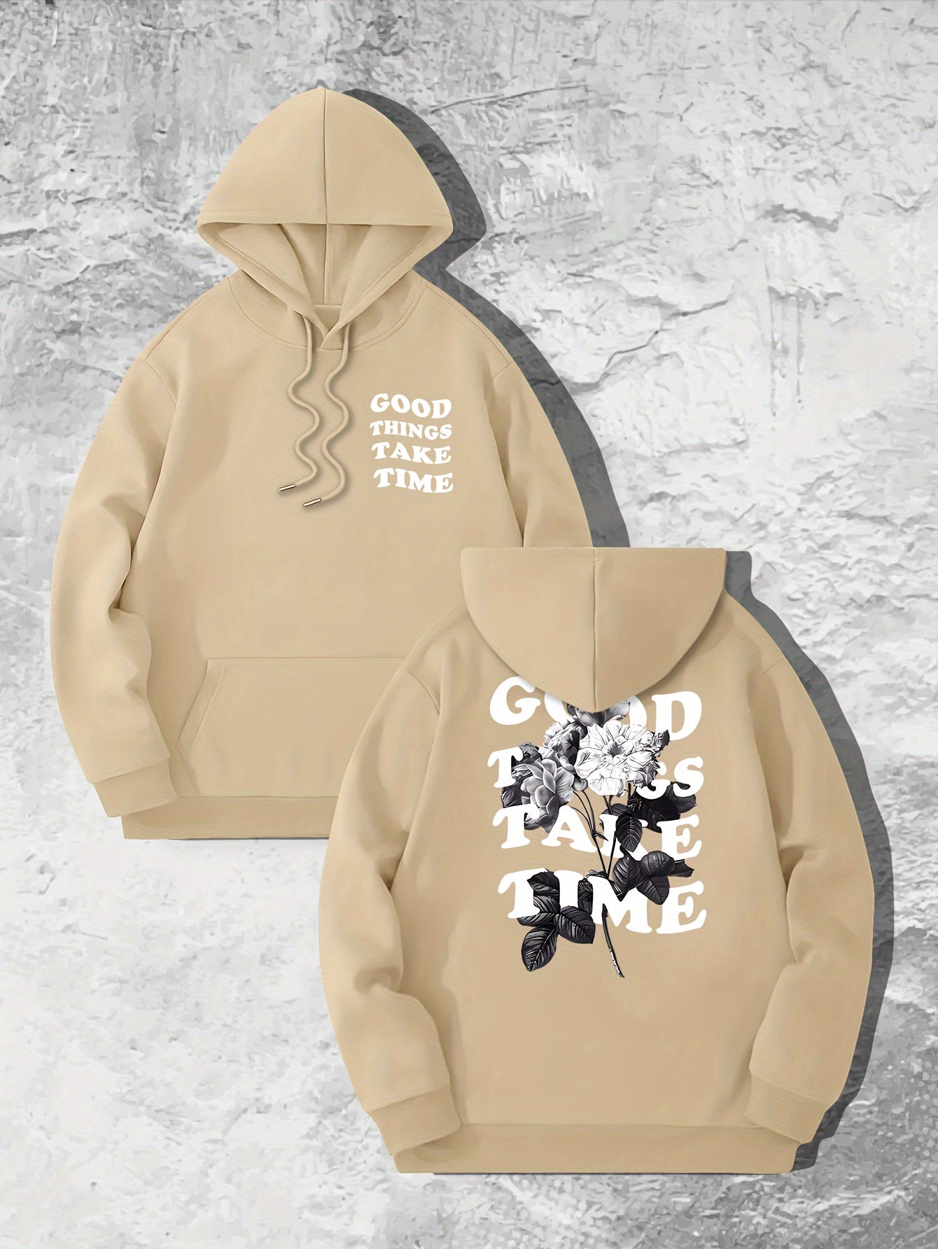 Good Things Take Time Flower Print Men's Pullover Round Neck Long Sleeve HOODED