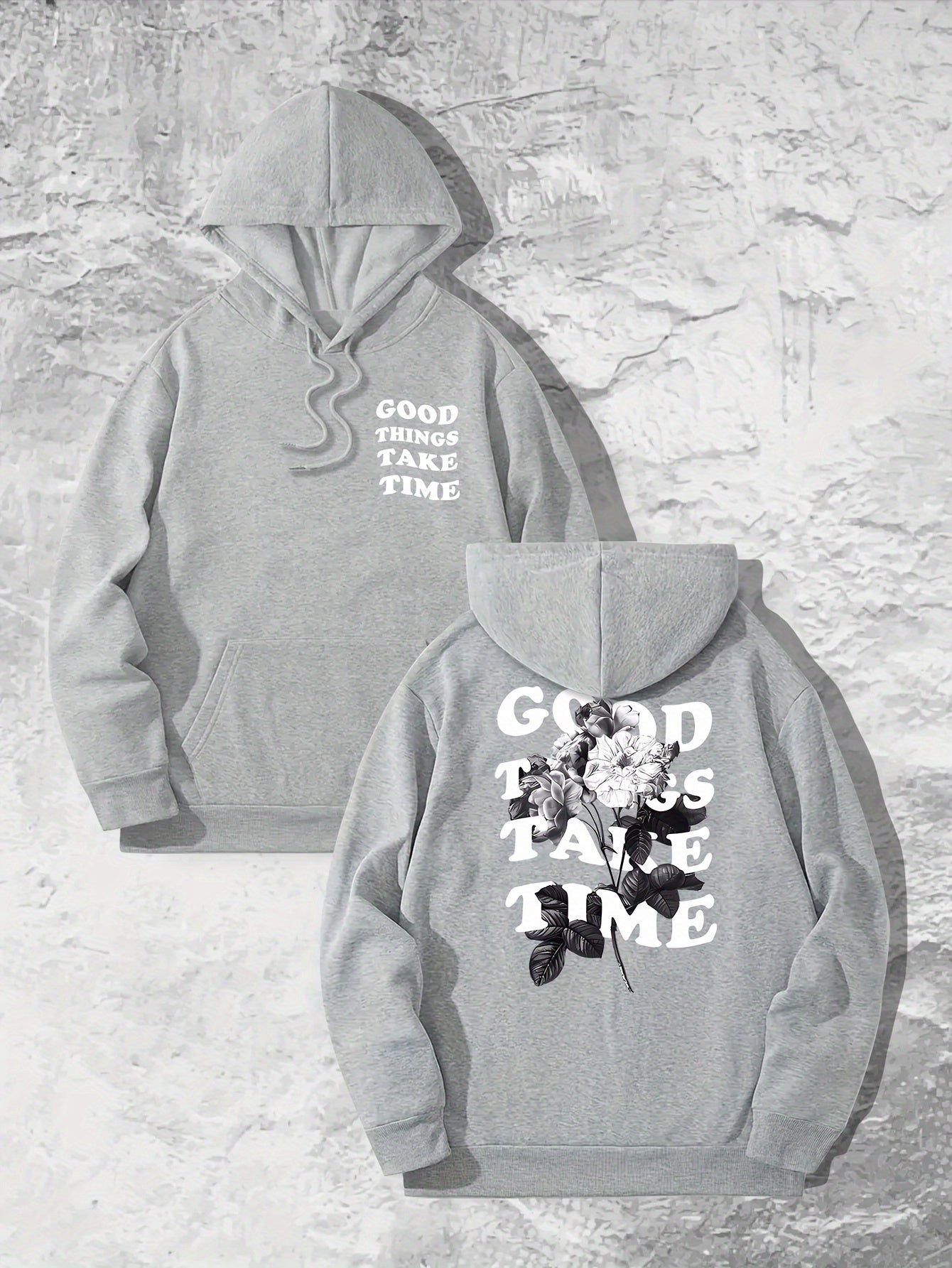 Good Things Take Time Flower Print Men's Pullover Round Neck Long Sleeve HOODED