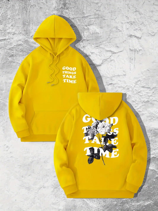 Good Things Take Time Flower Print Men's Pullover Round Neck Long Sleeve HOODED