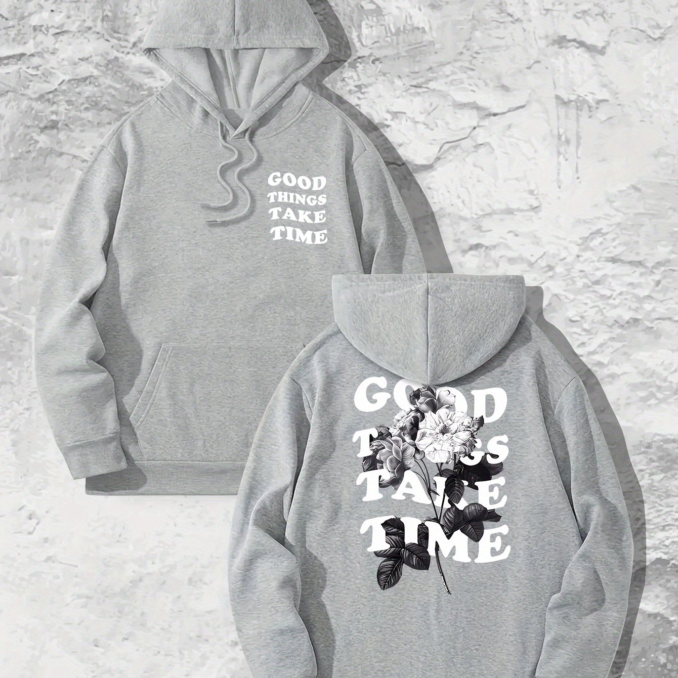 Good Things Take Time Flower Print Men's Pullover Round Neck Long Sleeve HOODED