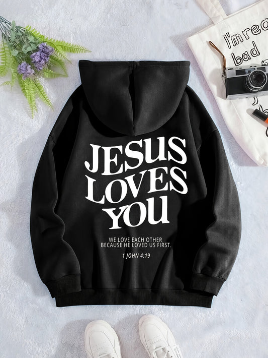 Jesus Loves You Print Hoodie, Drawstring Casual Hooded Sweatshirt
