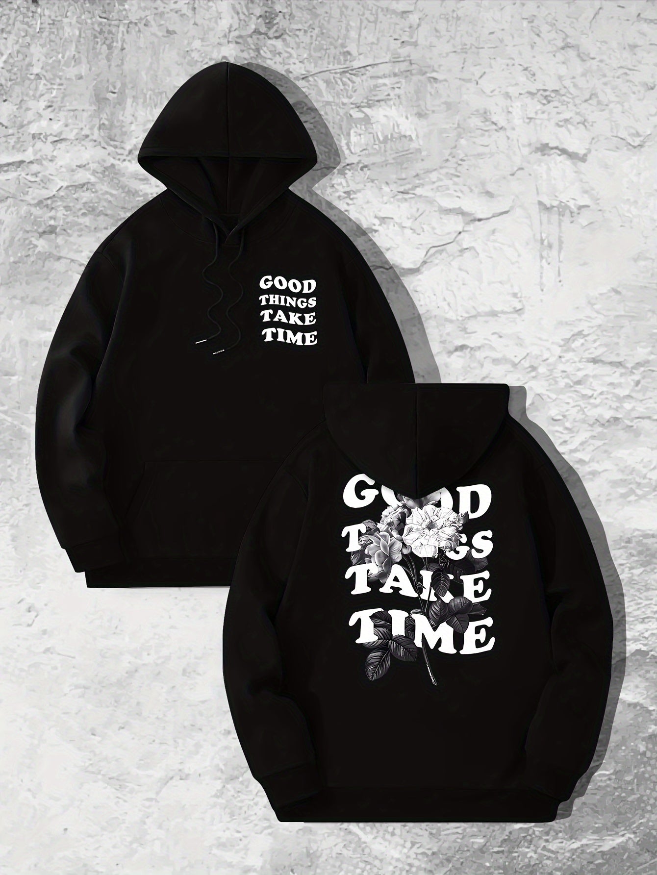 Good Things Take Time Flower Print Men's Pullover Round Neck Long Sleeve HOODED