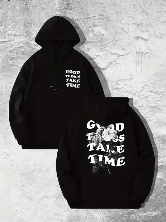 Good Things Take Time Flower Print Men's Pullover Round Neck Long Sleeve HOODED