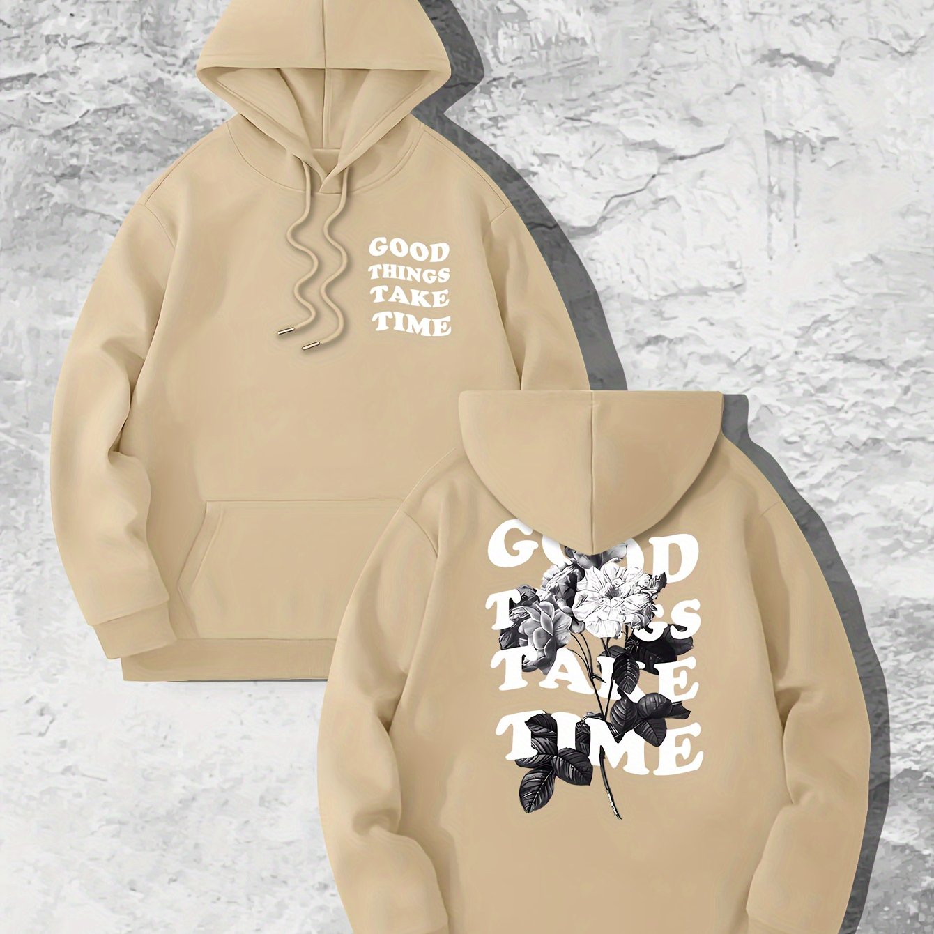 Good Things Take Time Flower Print Men's Pullover Round Neck Long Sleeve HOODED