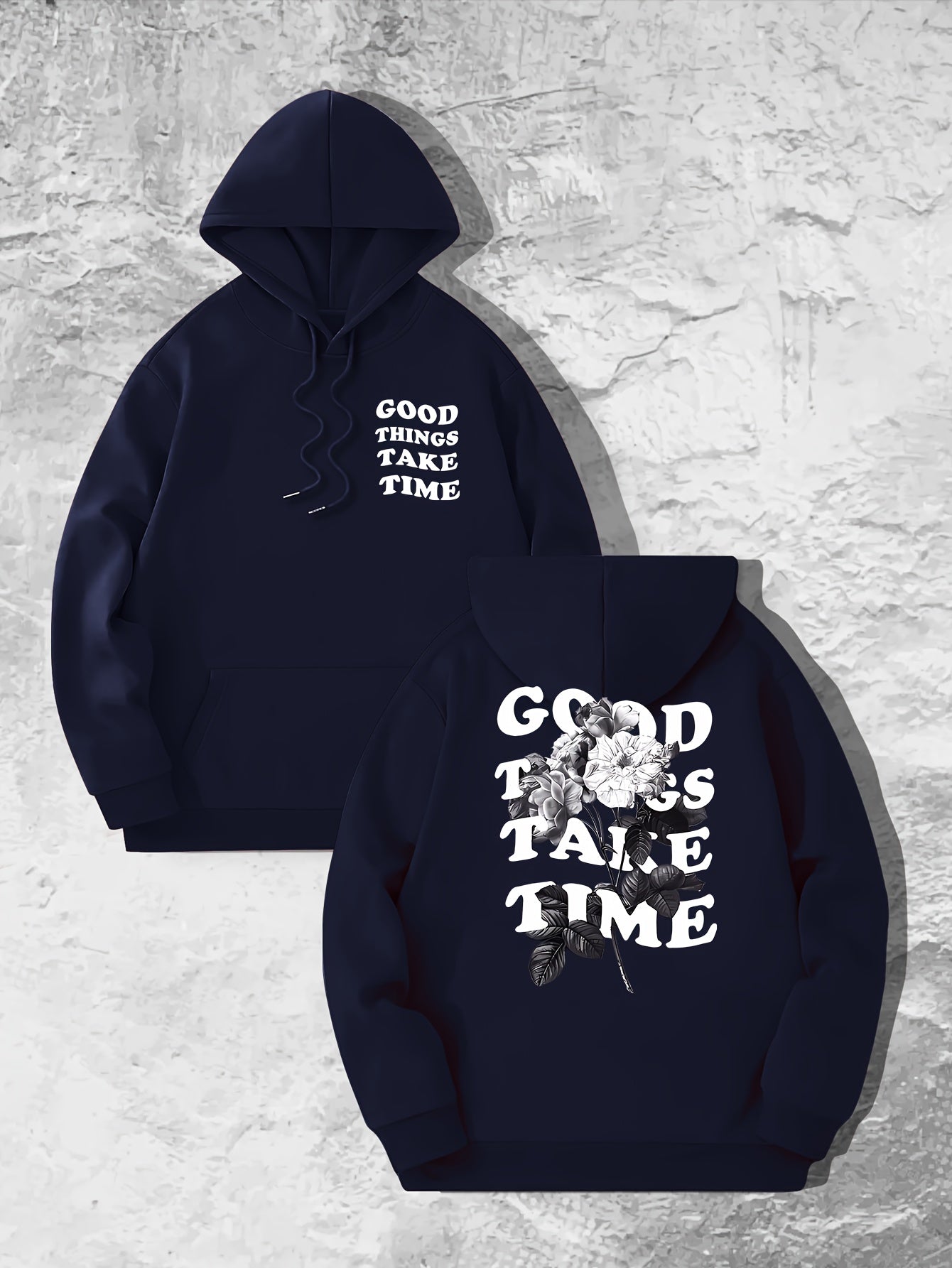 Good Things Take Time Flower Print Men's Pullover Round Neck Long Sleeve HOODED