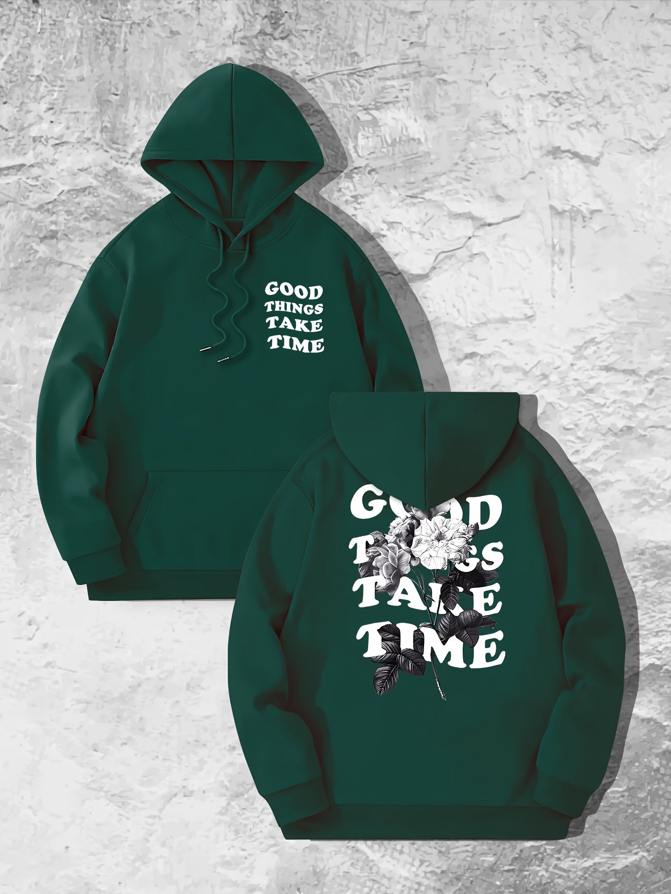 Good Things Take Time Flower Print Men's Pullover Round Neck Long Sleeve HOODED